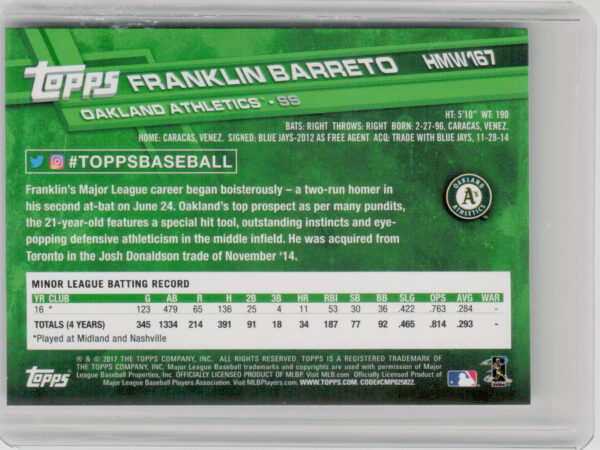 2017 Topps Holiday Franklin Barreto RC #HMW167 Athletics - Image 3