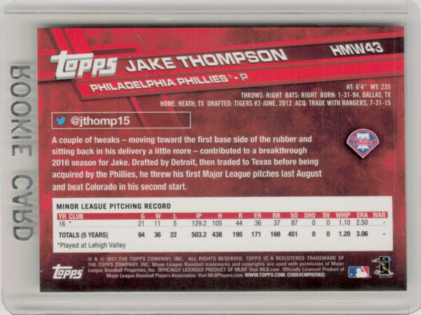 2017 Topps Holiday Jake Thompson RC #HMW43 Phillies - Image 3