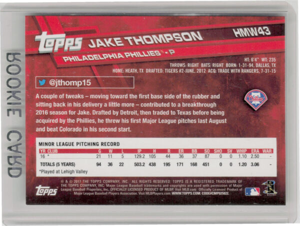 2017 Topps Holiday Jake Thompson RC #HMW43 Phillies - Image 3