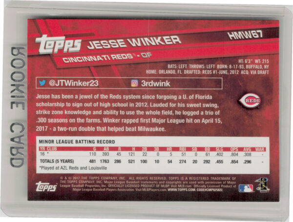 2017 Topps Holiday Jesse Winker RC #HMW67 Reds - Image 3