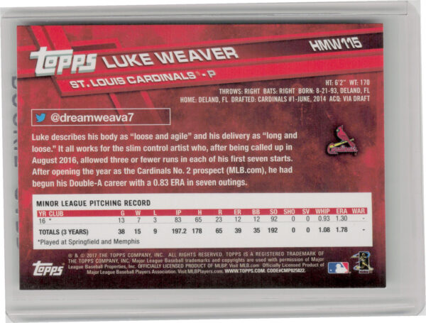 2017 Topps Holiday Luke Weaver RC #HMW115 Cardinals - Image 3