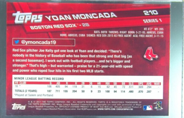 2017 Topps Yoan Moncada RC #210 Sox - Image 3
