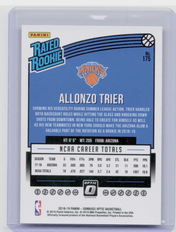 2018-19 Donruss Optic Allonzo Trier RC #175 Knicks - Image 3