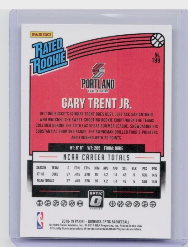 2018-19 Donruss Optic Gary Trent Jr. RC #199 Blazers - Image 3