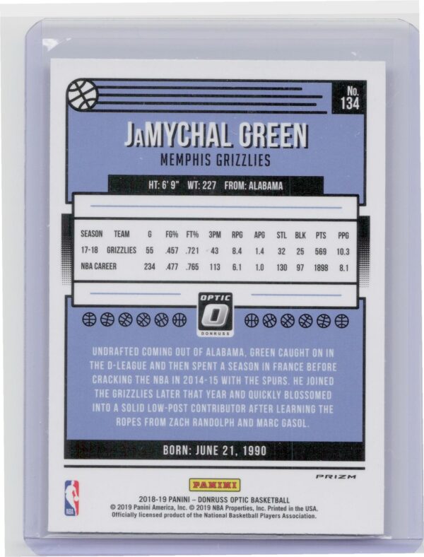 2018-19 Donruss Optic JaMychal Green Holo #134 Grizzlies - Image 3