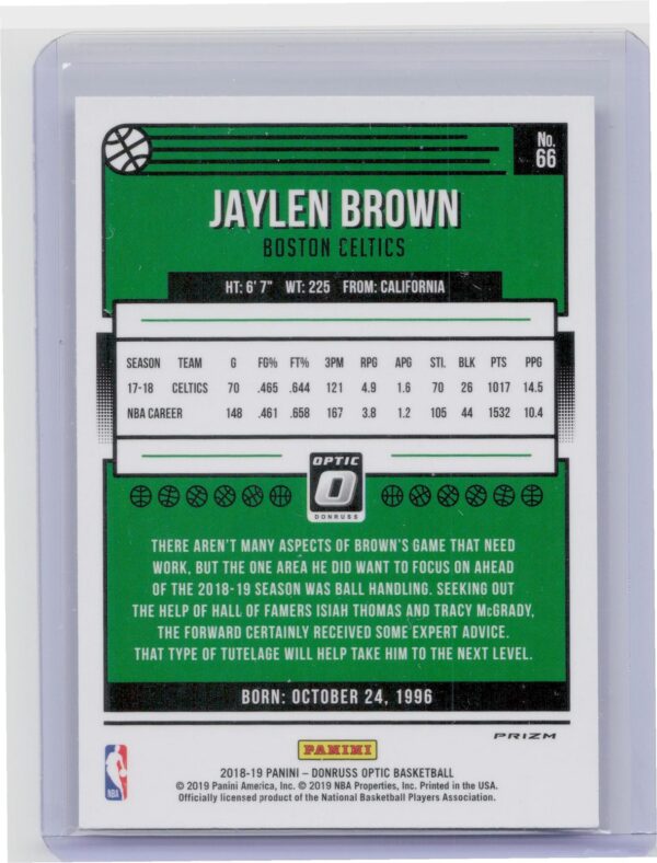 2018-19 Donruss Optic Jaylen Brown Holo #66 Celtics - Image 3