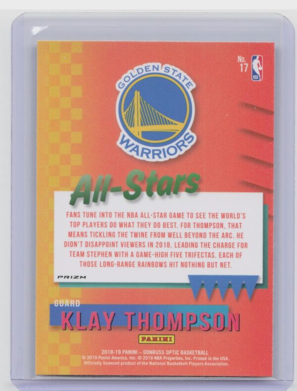 2018-19 Donruss Optic Klay Thompson #17 Warriors All Stars Holo - Image 3