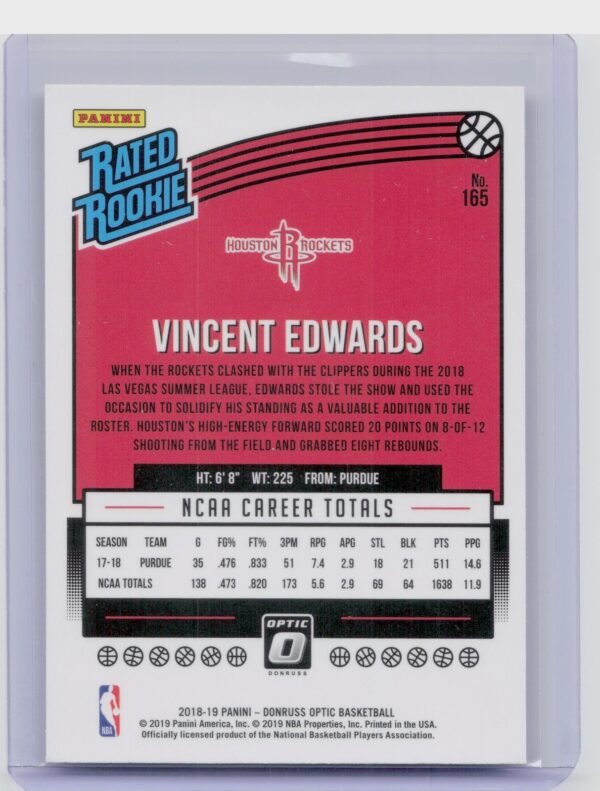 2018-19 Donruss Optic Vincent Edwards RC #165 Rockets - Image 3