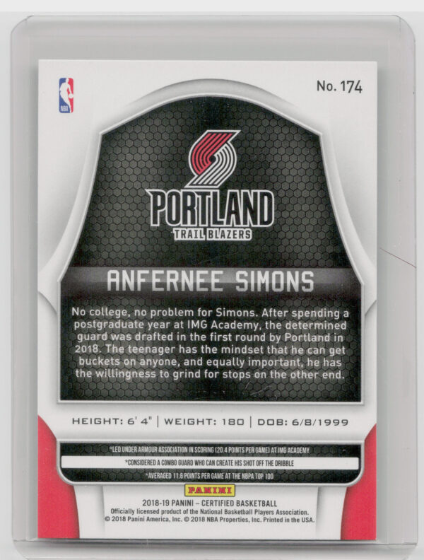 2018-19 Panini Certified Anfernee Simons RC #174 Blazers - Image 3