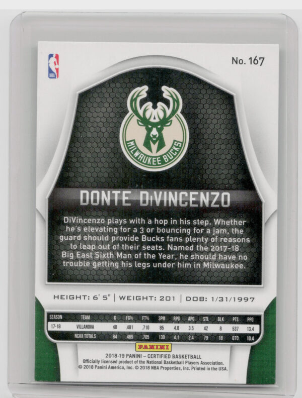 2018-19 Panini Certified Donte DiVincenzo RC #167 Bucks - Image 3
