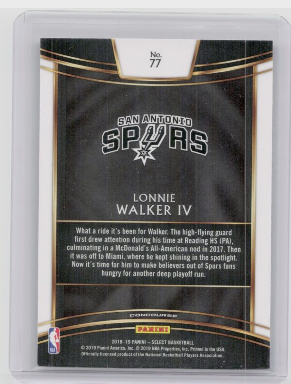 2018-19 Panini Select Lonnie Walker IV RC #77 Spurs - Image 3
