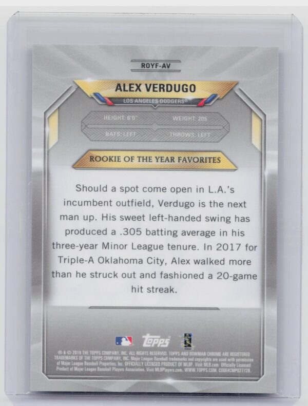 2018 Bowman Alex Verdugo SN250 #ROYF-AV Dodgers Chrome Rookie of the Year - Image 3