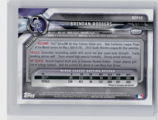 2018 Bowman Brendan Rodgers SN50 #BCP43 Rockies Chrome Prospects Mojo Refractor - Image 3