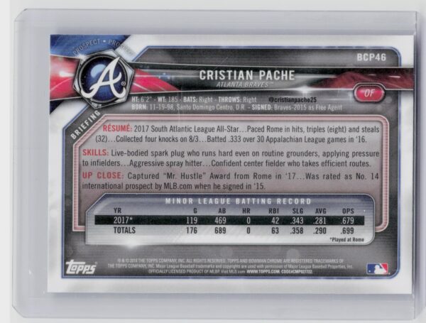 2018 Bowman Cristian Pache #BCP46 Braves Chrome Prospects Mojo Refractor - Image 3