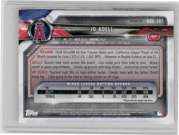 2018 Bowman Draft Jo Adell Chrome Refractors #BDC-107 Angels - Image 3