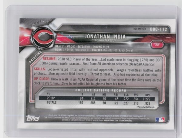2018 Bowman Draft Jonathan India Chrome Refractors #BDC-112 Reds - Image 3