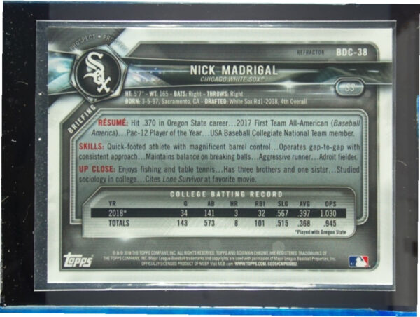 2018 Bowman Draft Nick Madrigal Chrome Refractors #BDC-38 Sox - Image 3