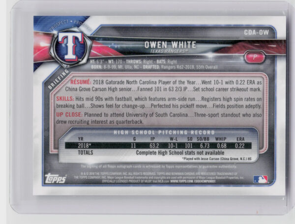 2018 Bowman Draft Owen White AU #CDA-OW Rangers Chrome Draft Pick Autographs - Image 3