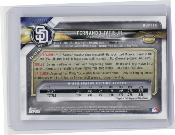 2018 Bowman Fernando Tatis Jr. #BCP114 Padres Chrome Prospects - Image 3