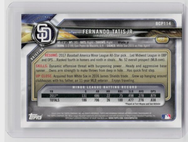 2018 Bowman Fernando Tatis Jr. #BCP114 Padres Chrome Prospects Mojo Refractor - Image 3