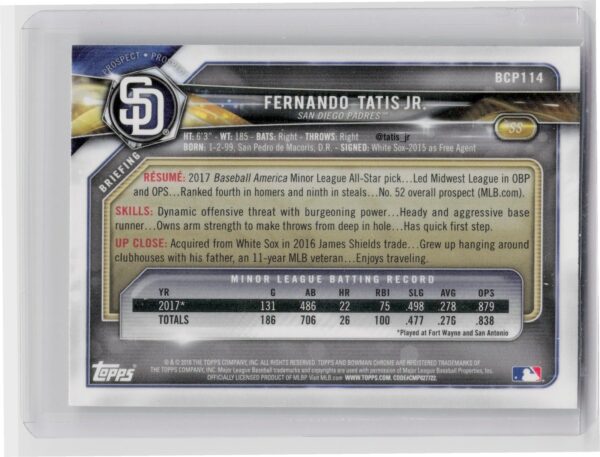 2018 Bowman Fernando Tatis Jr. #BCP114 Padres Chrome Prospects Mojo Refractor - Image 3