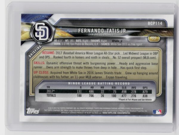 2018 Bowman Fernando Tatis Jr. #BCP114 Padres Chrome Prospects Mojo Refractor - Image 3