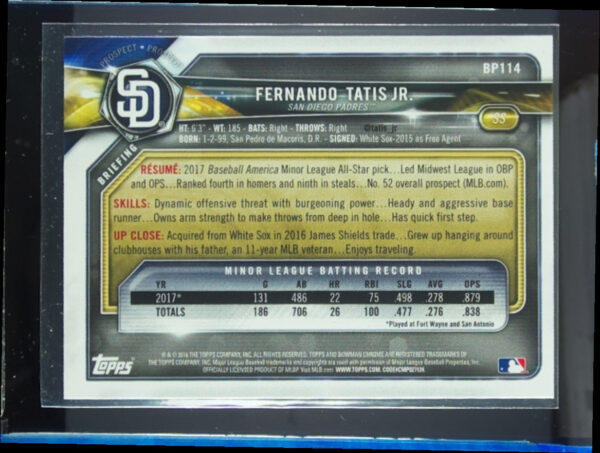 2018 Bowman Fernando Tatis Jr. #BP114 Padres Prospects - Image 3