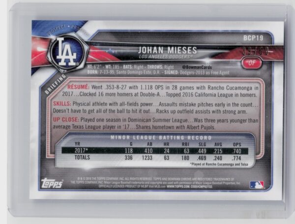 2018 Bowman Johan Mieses SN50 #BCP19 Dodgers Chrome Prospects Mojo Refractor Gol - Image 3