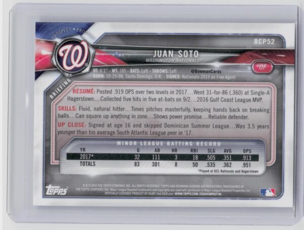 2018 Bowman Juan Soto #BCP52 Nationals Chrome Prospects - Image 3