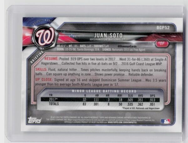2018 Bowman Juan Soto #BCP52 Nationals Chrome Prospects Mojo Refractor - Image 3