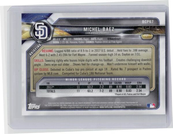 2018 Bowman Michel Baez /50 #BCP67 Padres Chrome Prospects Mojo Refractor Gold - Image 3