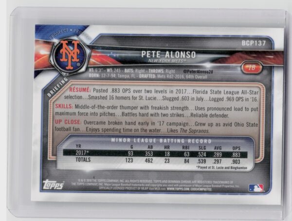 2018 Bowman Pete Alonso #BCP137 Mets Chrome Prospects Mojo Refractor - Image 3