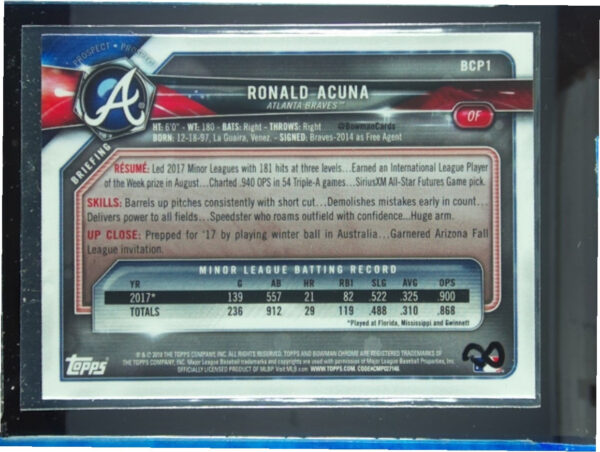 2018 Bowman Ronald Acuna #BCP1 Braves Chrome Prospects - Image 3