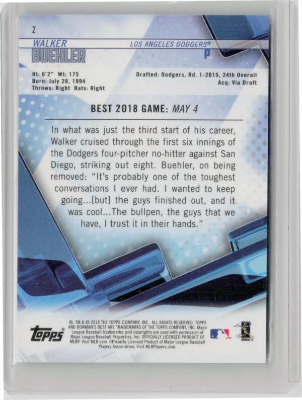 2018 Bowman's Best Walker Buehler RC #2 Dodgers - Image 3