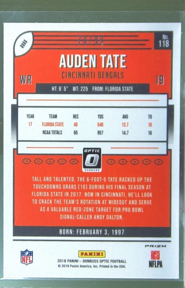 2018 Donruss Optic Auden Tate Red /99 RC #118 Bengals - Image 3