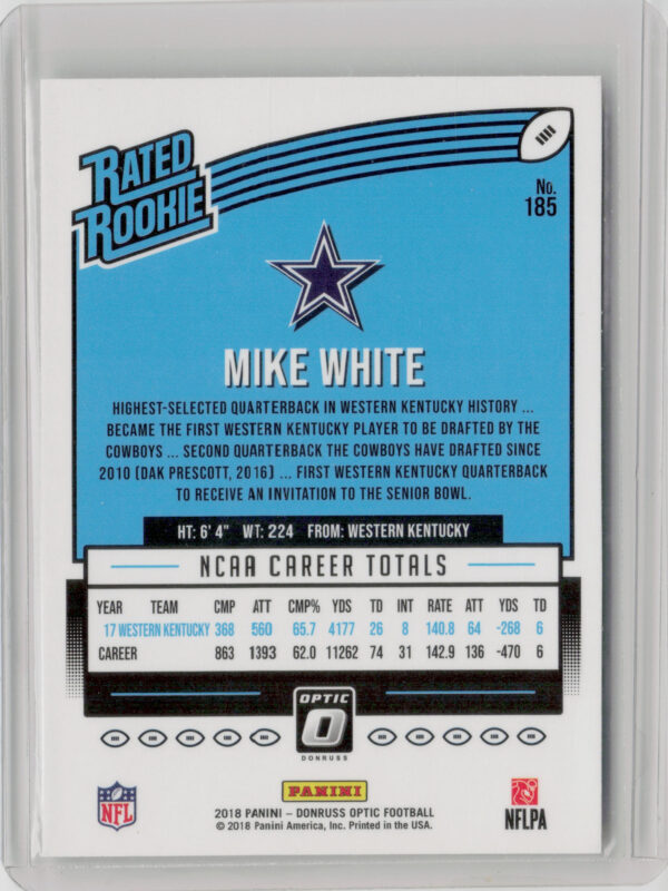 2018 Donruss Optic Mike White RC #185 Cowboys - Image 3