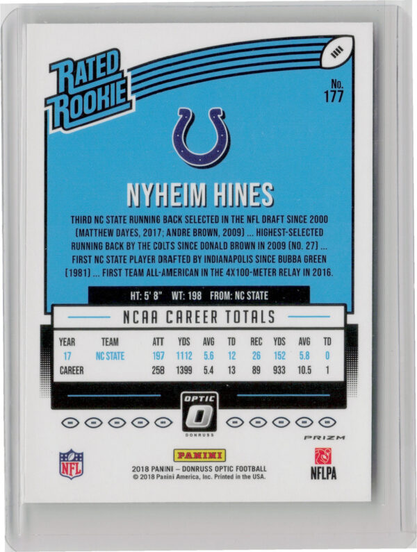 2018 Donruss Optic Nyheim Hines Red and Yellow #177 Colts - Image 3