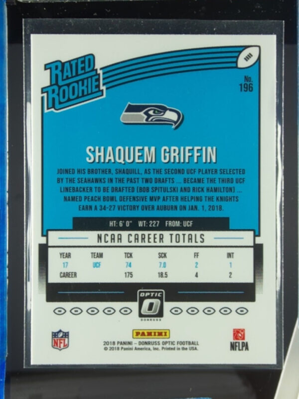 2018 Donruss Optic Shaquem Griffin RC #196 Seahawks - Image 3
