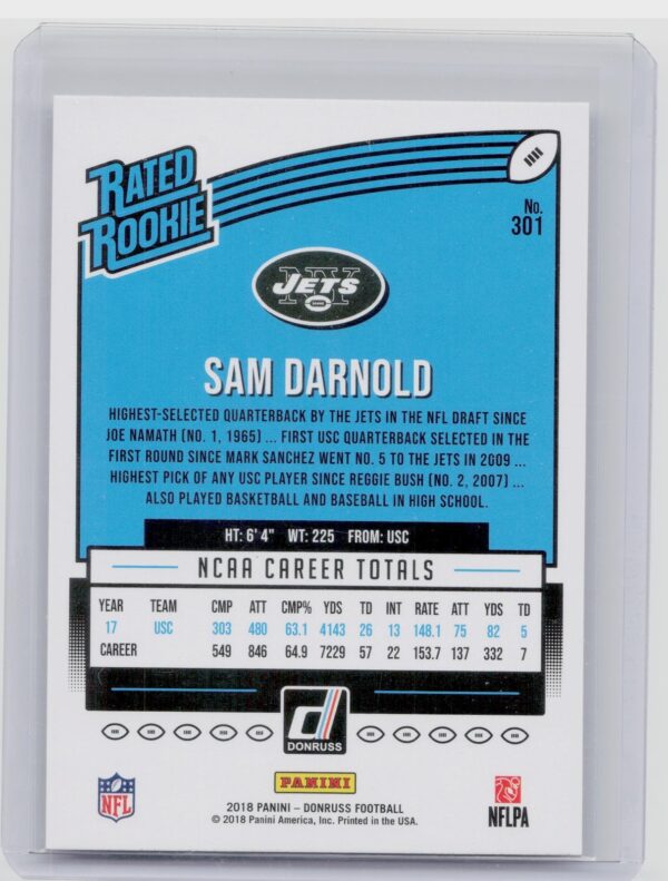 2018 Donruss Sam Darnold RC #301 Jets - Image 3