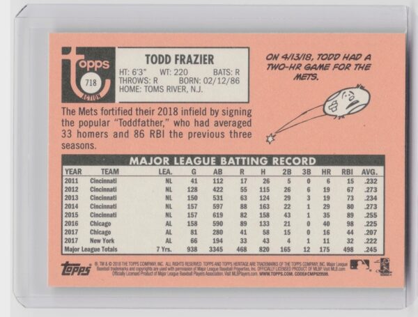 2018 Heritage Todd Frazier SP VAR #718 Mets - Image 3