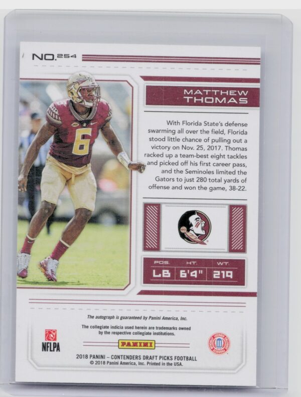 2018 Panini Contenders Draft Picks Matthew Thomas AU #254 Seminoles - Image 3