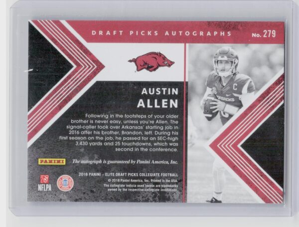 2018 Panini Elite Draft Picks Austin Allen AU #279 Razorbacks Draft Picks Autogr - Image 3