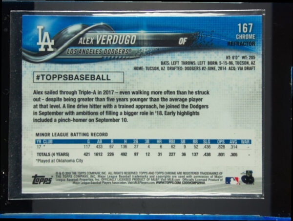 2018 Topps Chrome Alex Verdugo Pink Refractor #167 Dodgers - Image 3