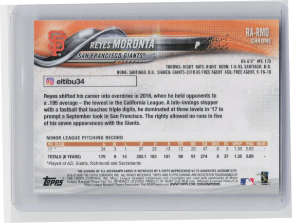 2018 Topps Chrome Reyes Moronta AU #RA-RMO Giants Rookie Autographs - Image 3