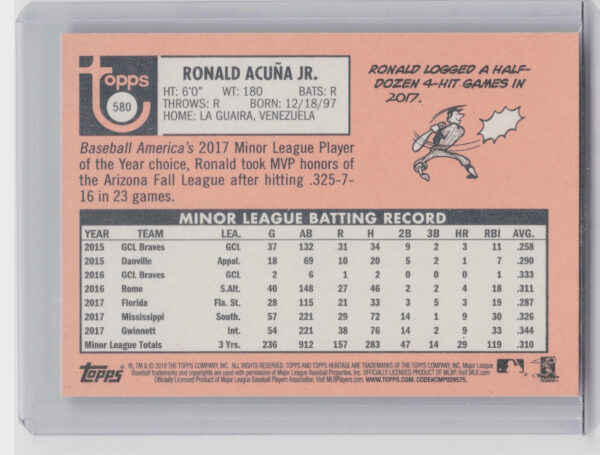 2018 Topps Heritage Ronald Acuna Jr. RC #580 Braves - Image 3