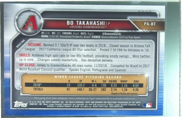 2019 Bowman Bo Takahashi Auto /250 #PA-BT Diamondbacks Prospect Autographs Purpl - Image 3