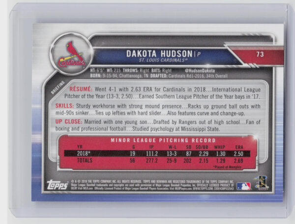 2019 Bowman Dakota Hudson Sky Blue SN499 #73 Cardinals - Image 3