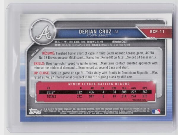 2019 Bowman Derian Cruz SN250 #BCP-11 Braves Mojo Refractors Purple - Image 3