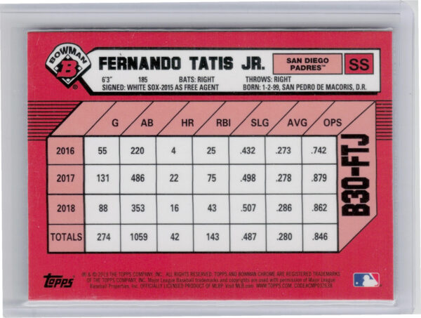 2019 Bowman Fernando Tatis Jr. #B30-FTJ Padres 30th Anniversary Bowman - Image 3