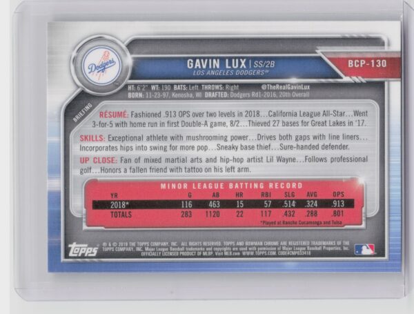 2019 Bowman Gavin Lux #BCP-130 Dodgers Chrome Prospects Mojo Refractors - Image 3